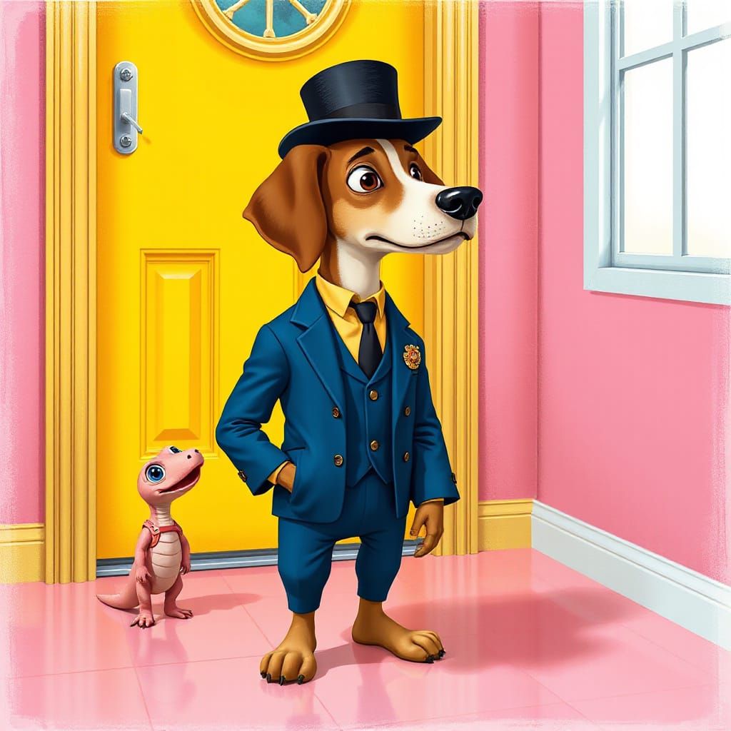 Debonair Dog and Companion Stand Before Bright Yellow Door