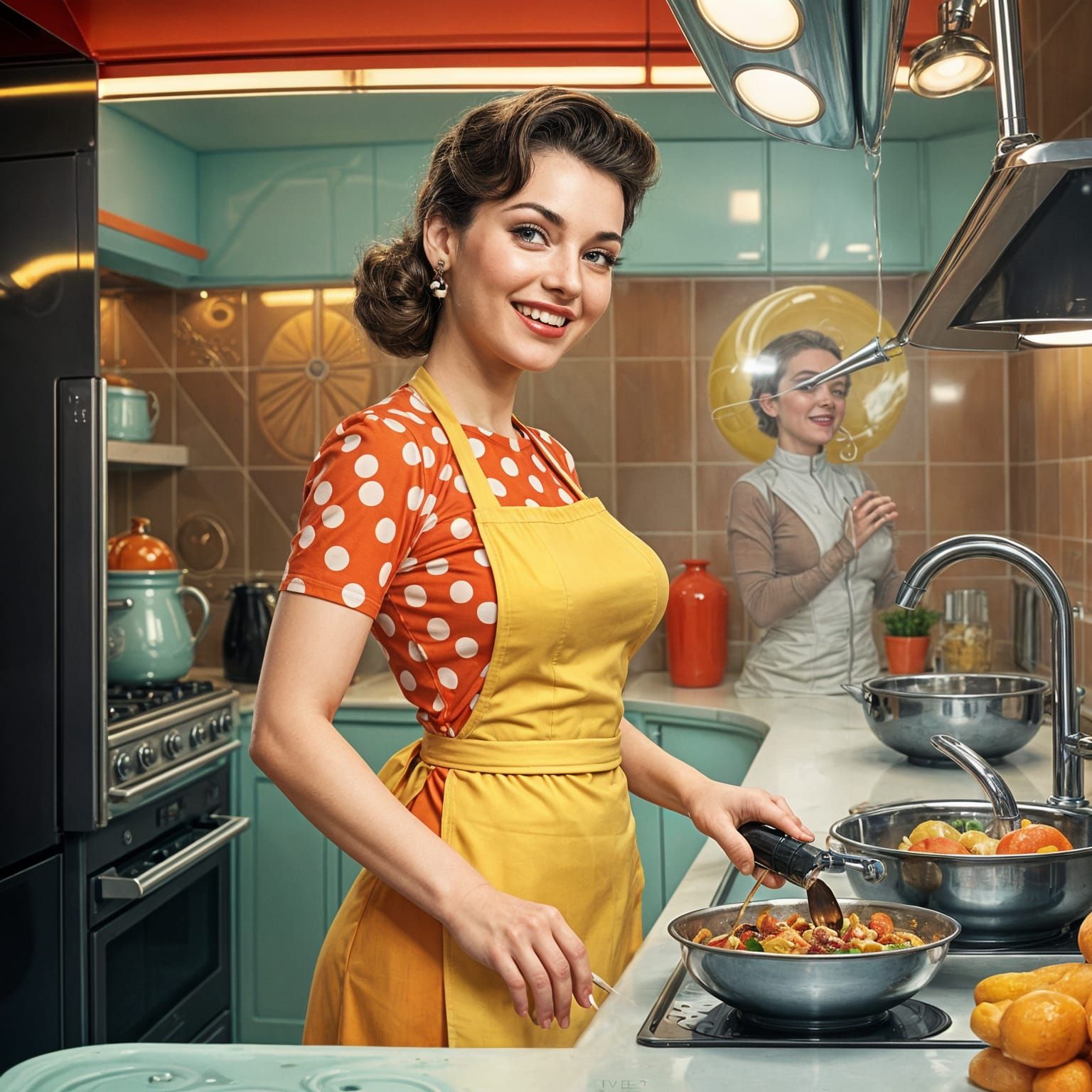 Retrofuturistic Tradwife Cooking Dinner in Orbital Kitchen