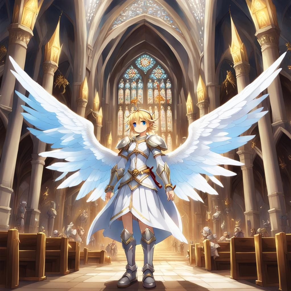 Anime Angel in Medieval Church, Fantasy Art