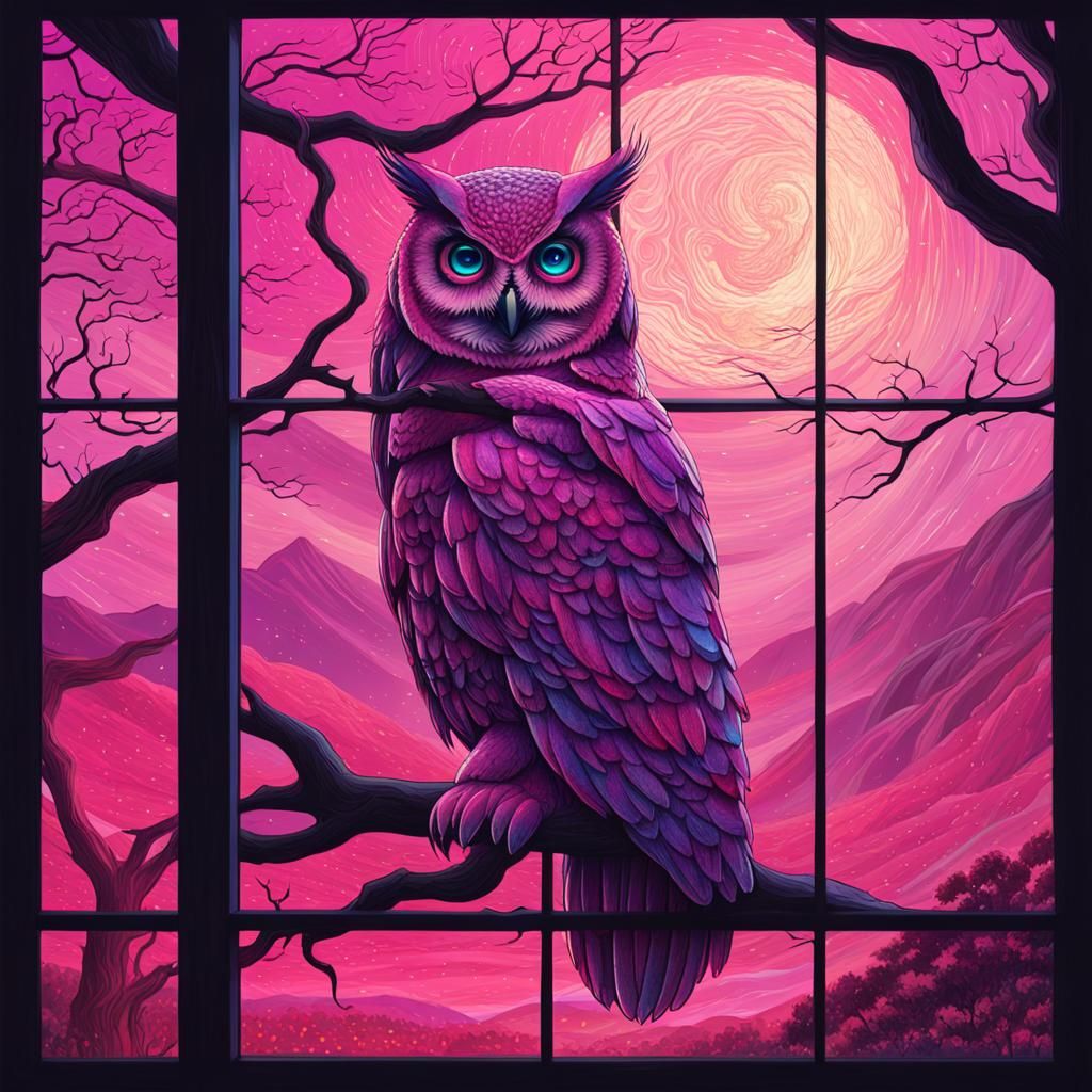 Pink Owl Watching Woman: Astral Cosmic Illustration