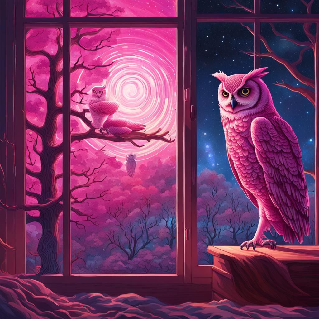 Pink Owl Watching Woman, Astral Cosmic Illustration