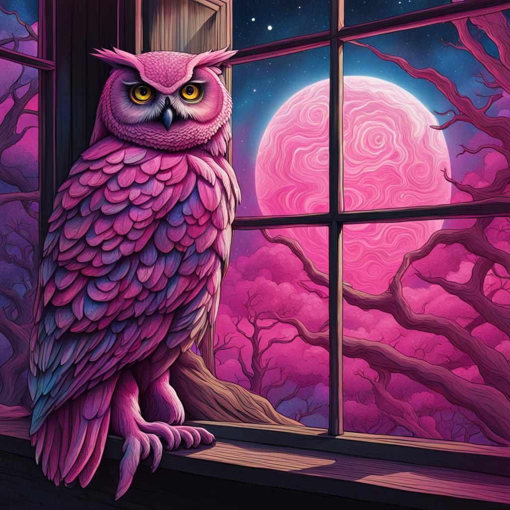 Pink Owl Intently Watches Sleeping Woman