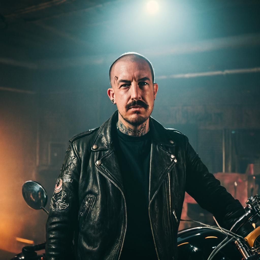 Gritty Biker Portrait in Cinematic Film Still
