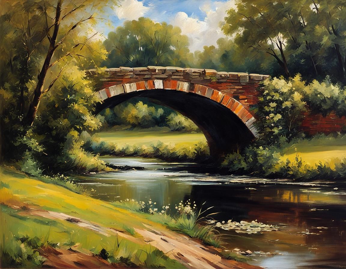 Romantic Landscape Painting of Old Stone Bridge