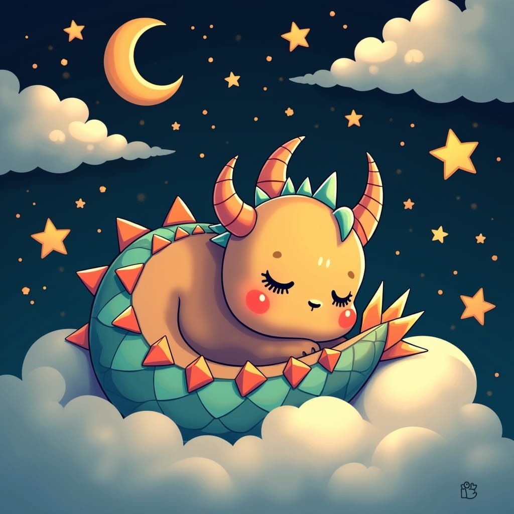 Cute Emo Goth Dragon Sleeps on Cloud with Stars