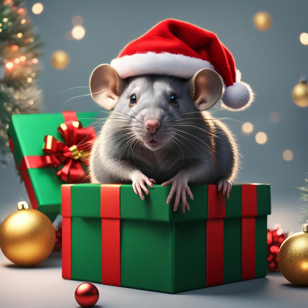 Festive Gray Rat in Santa Hat Portrait