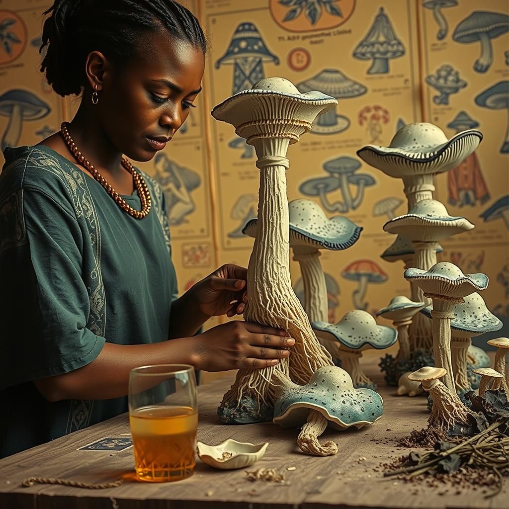 Giant Mushrooms Cultivated by Porcelain Figures in Linocut S...