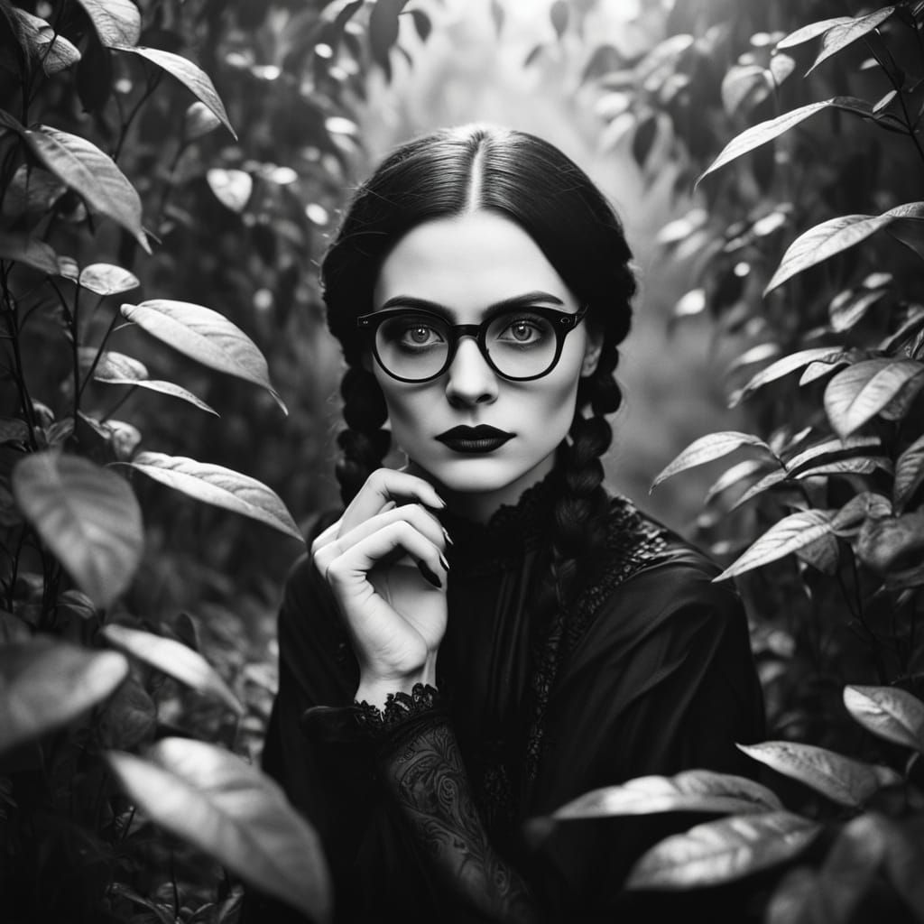 Surreal Black and White Portrait of a Young Woman in Victori...