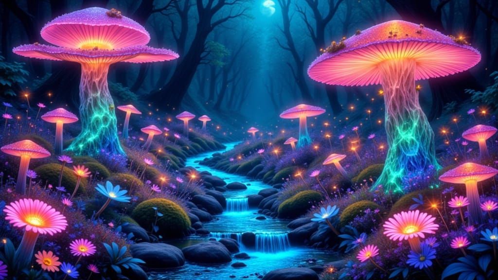 Bioluminescent Forest With Crystal Mushrooms