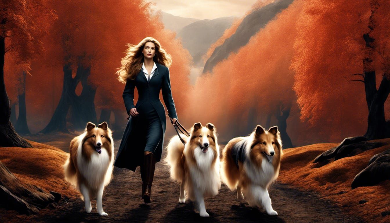 In reenacting Lassie Natalie just can't settle for one rough Collie, but settles for 3