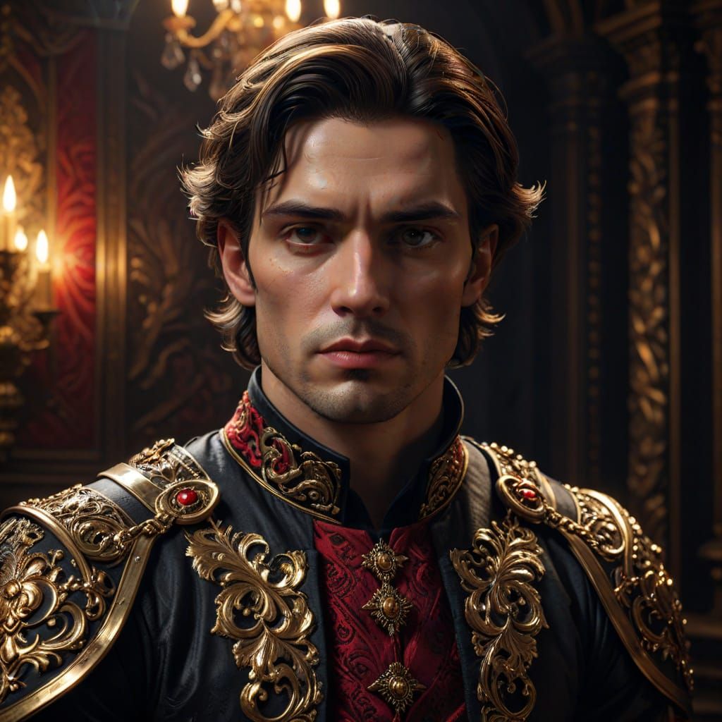 Dramatic Baroque Portrait of a Man in Dimly Lit Ornate Room