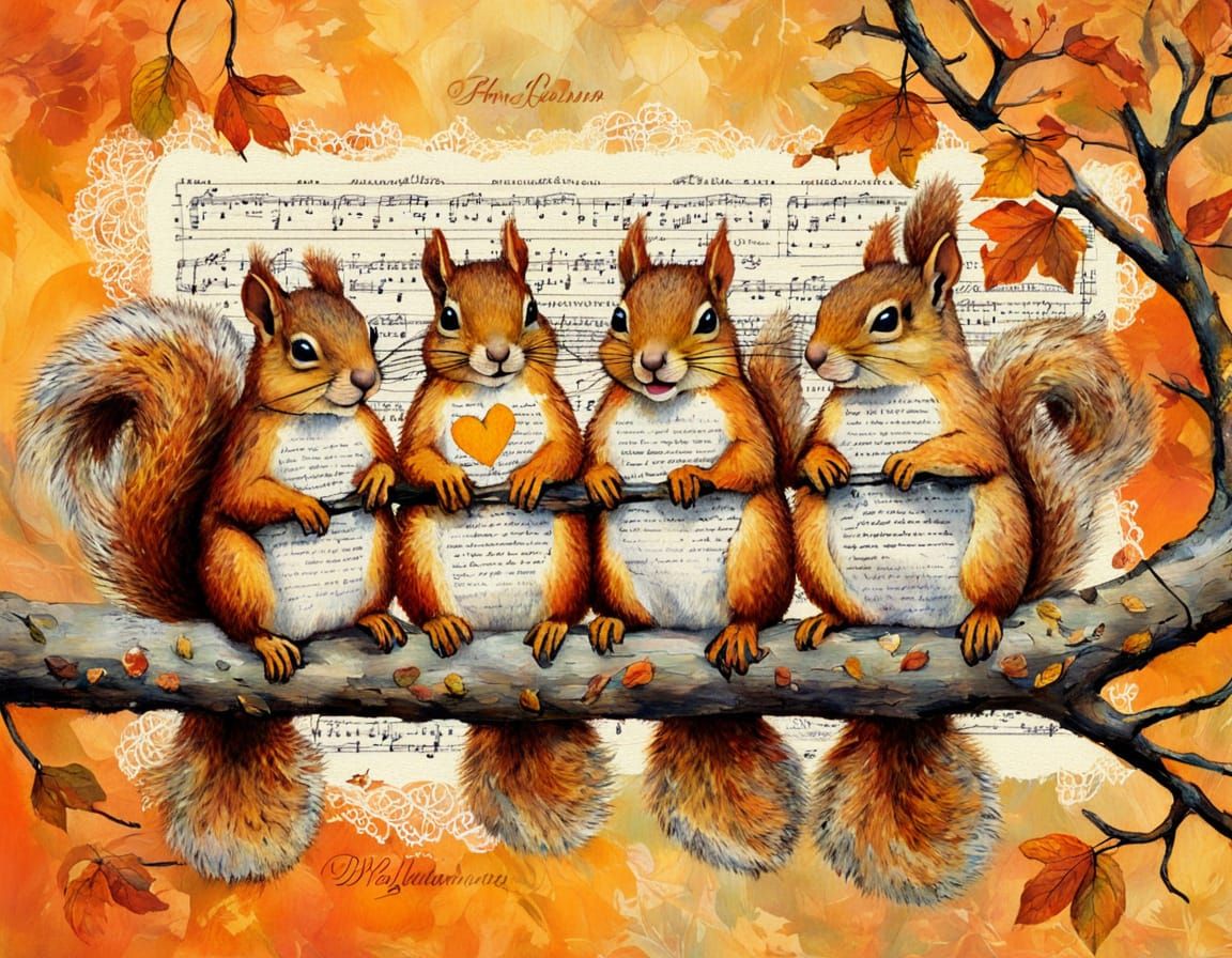 Autumn Squirrels on Branch, Joyful Bird Singing