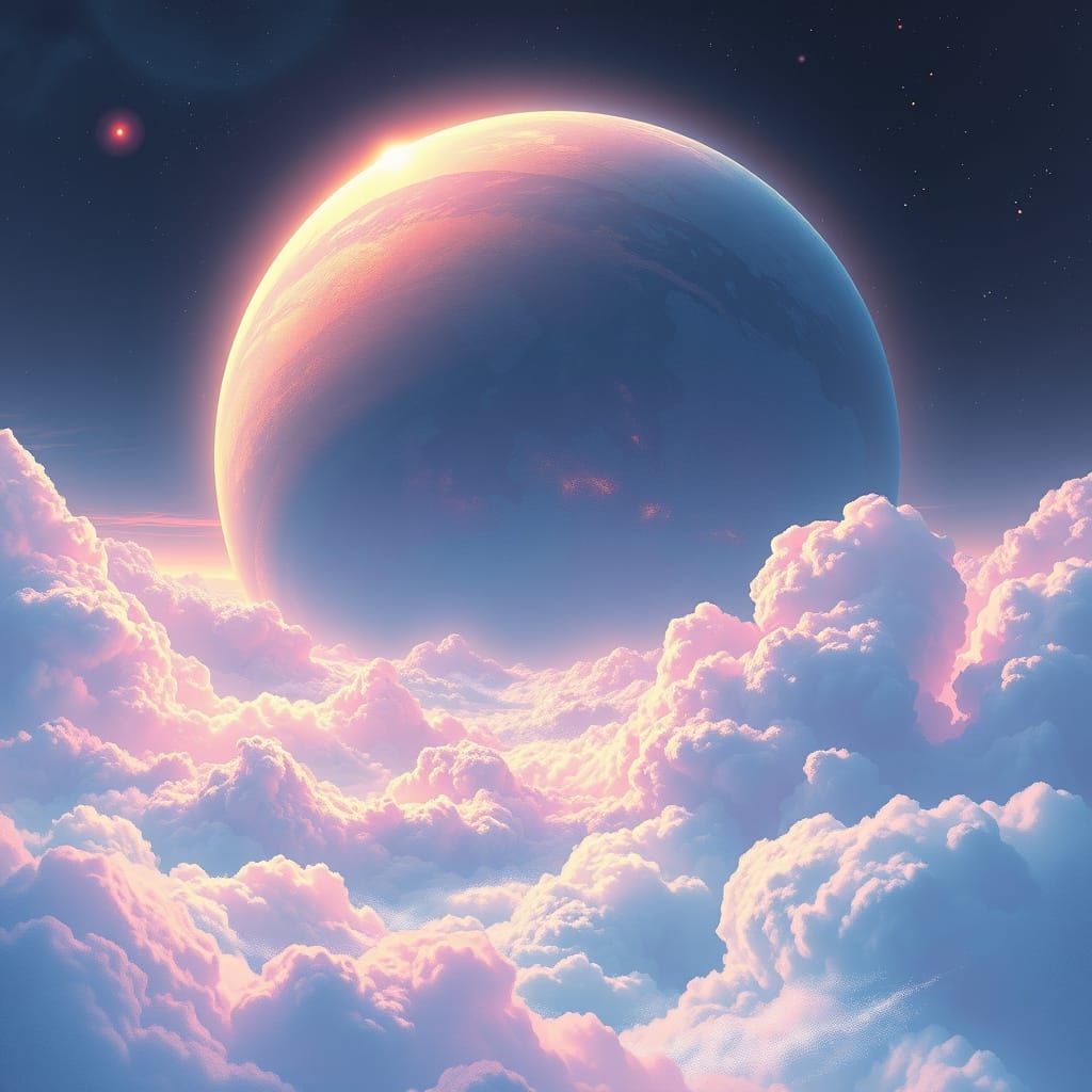 Glowing Anzell Planet with Iridescent Clouds and Shimmering ...