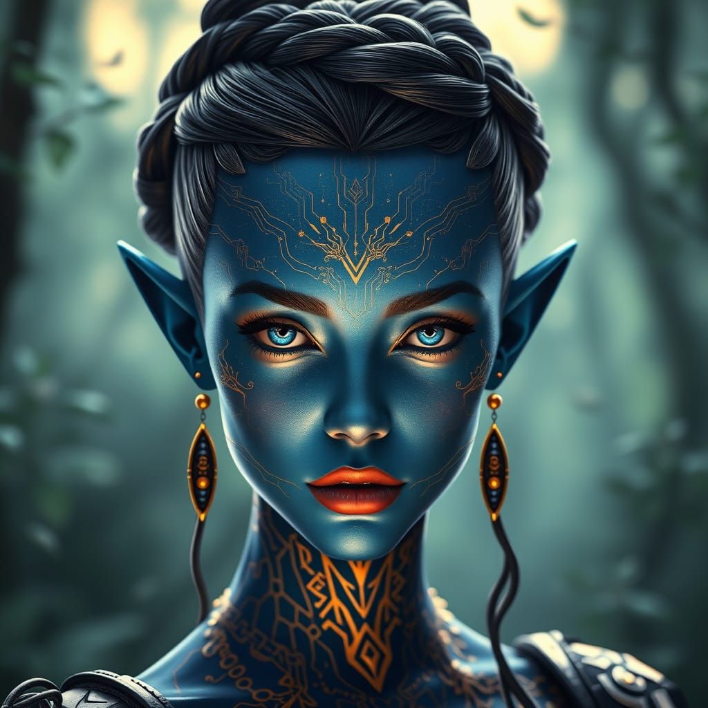 Ethereal Cybernetic Elf Woman in Futuristic Opulence