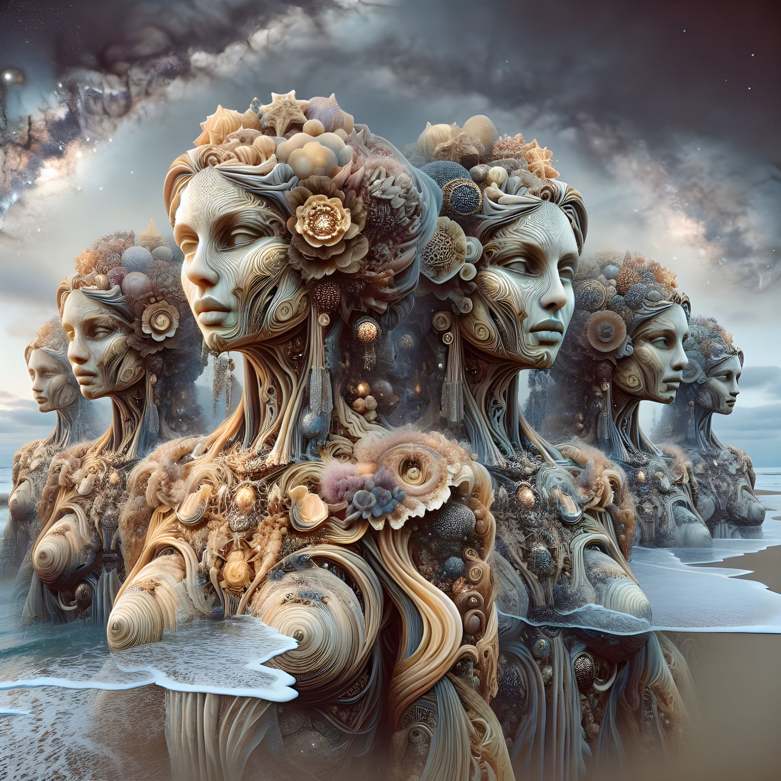 Hyperrealistic Goddesses in Dreamlike Beach Scene