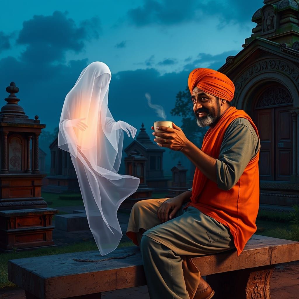 Vibrant Indian Taxi Driver Shares Tea with Ghost in Cemetery