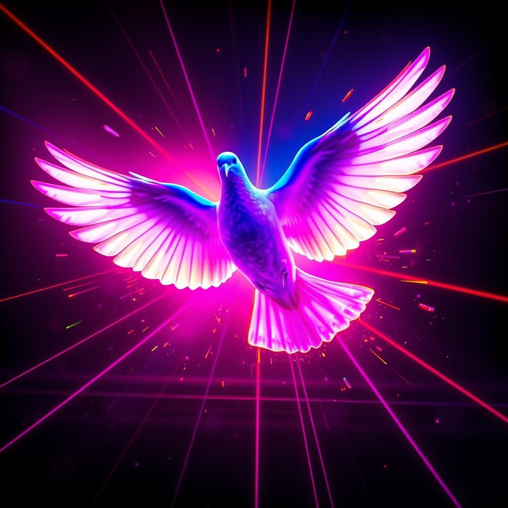 Neon Dove in Flight, Synthwave Art Deco Style