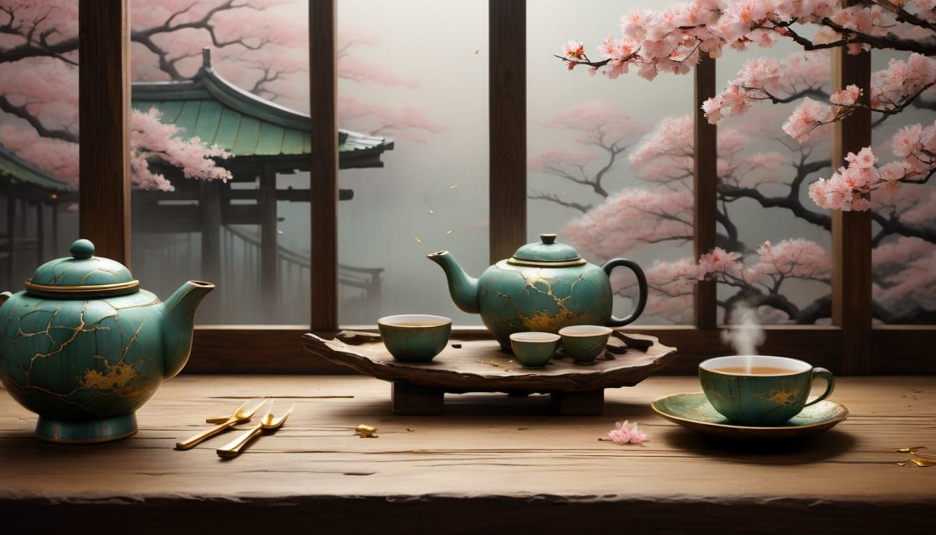 A Tiny Japanese Woman Sits in Serenity, Surrounded by Cherry...