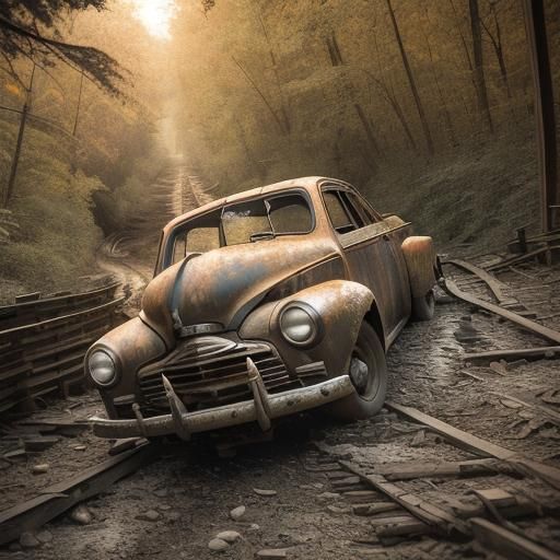 Crashed 1950s Car on Dusty Road