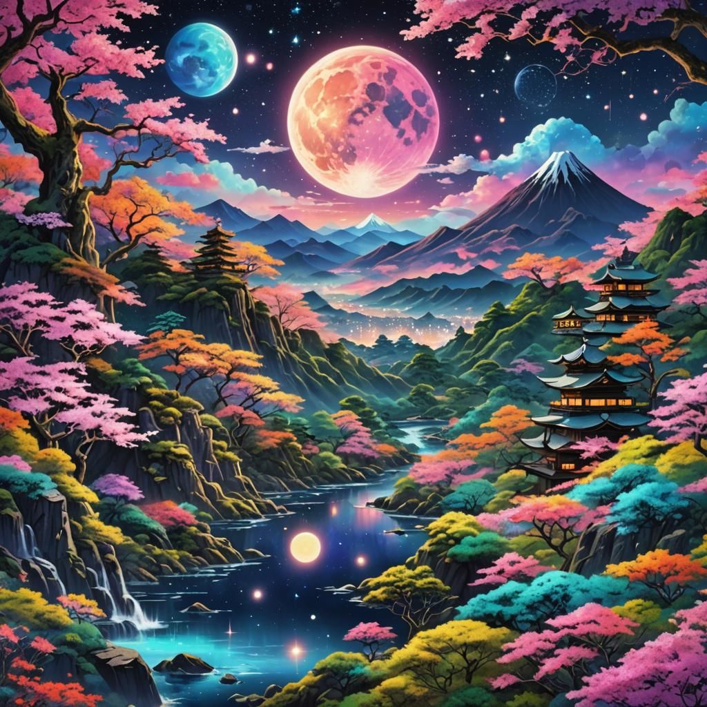 Astral Night in Japan: Holographic Cosmic Illustration
