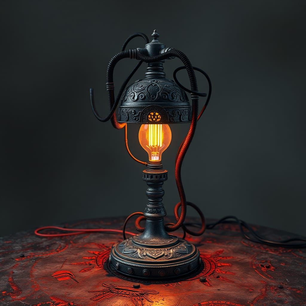 Dystopian Table Lamp with Ornate Details in 3D Shading