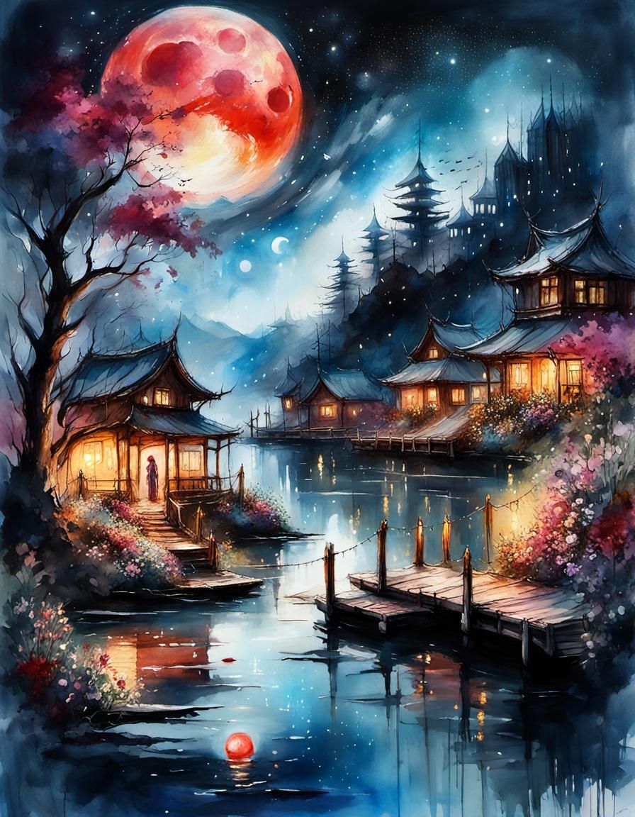 Dramatic Blood Moon Over Mystic Lakeside Village