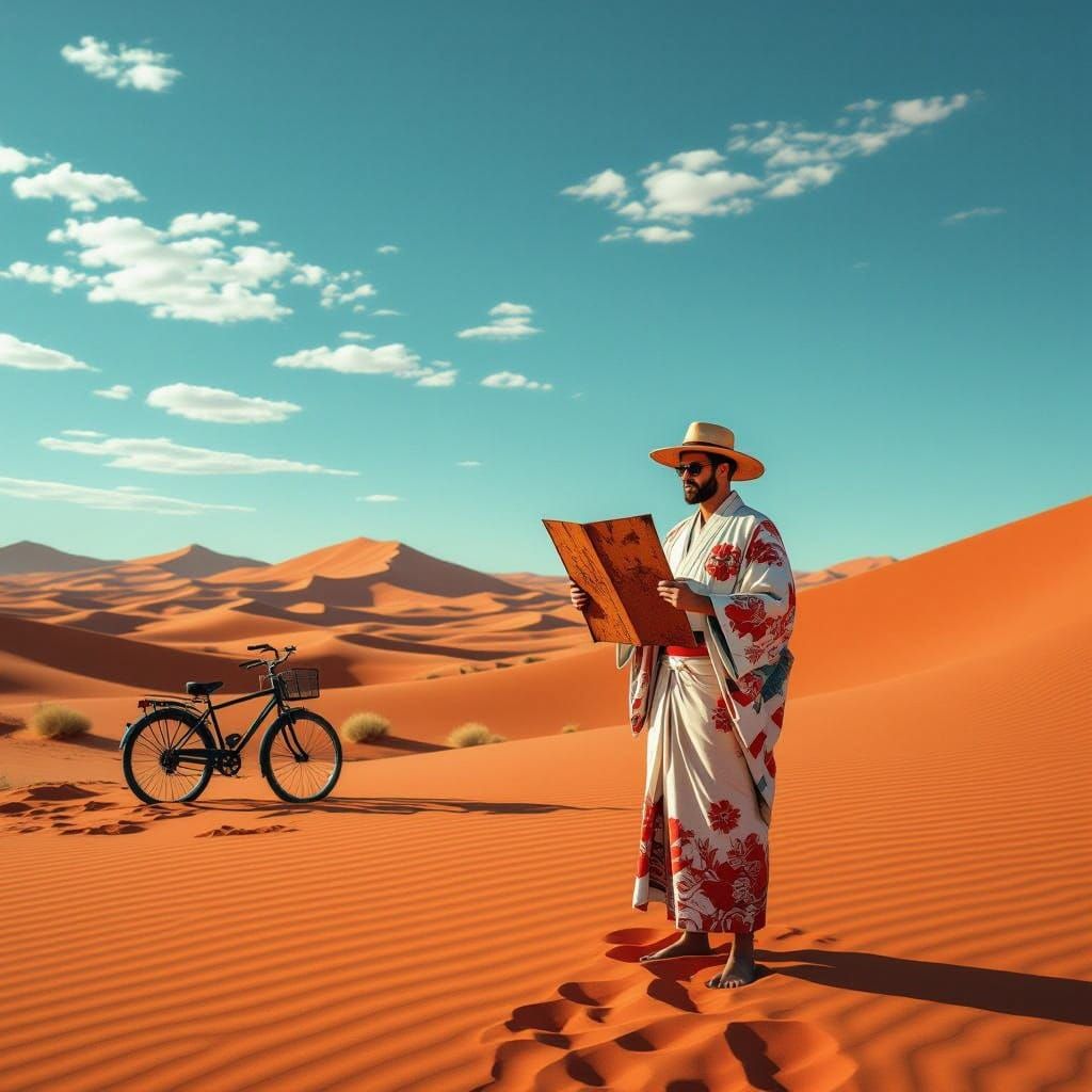 Desert Explorer Unfolds Mysterious Map in Red Dunes