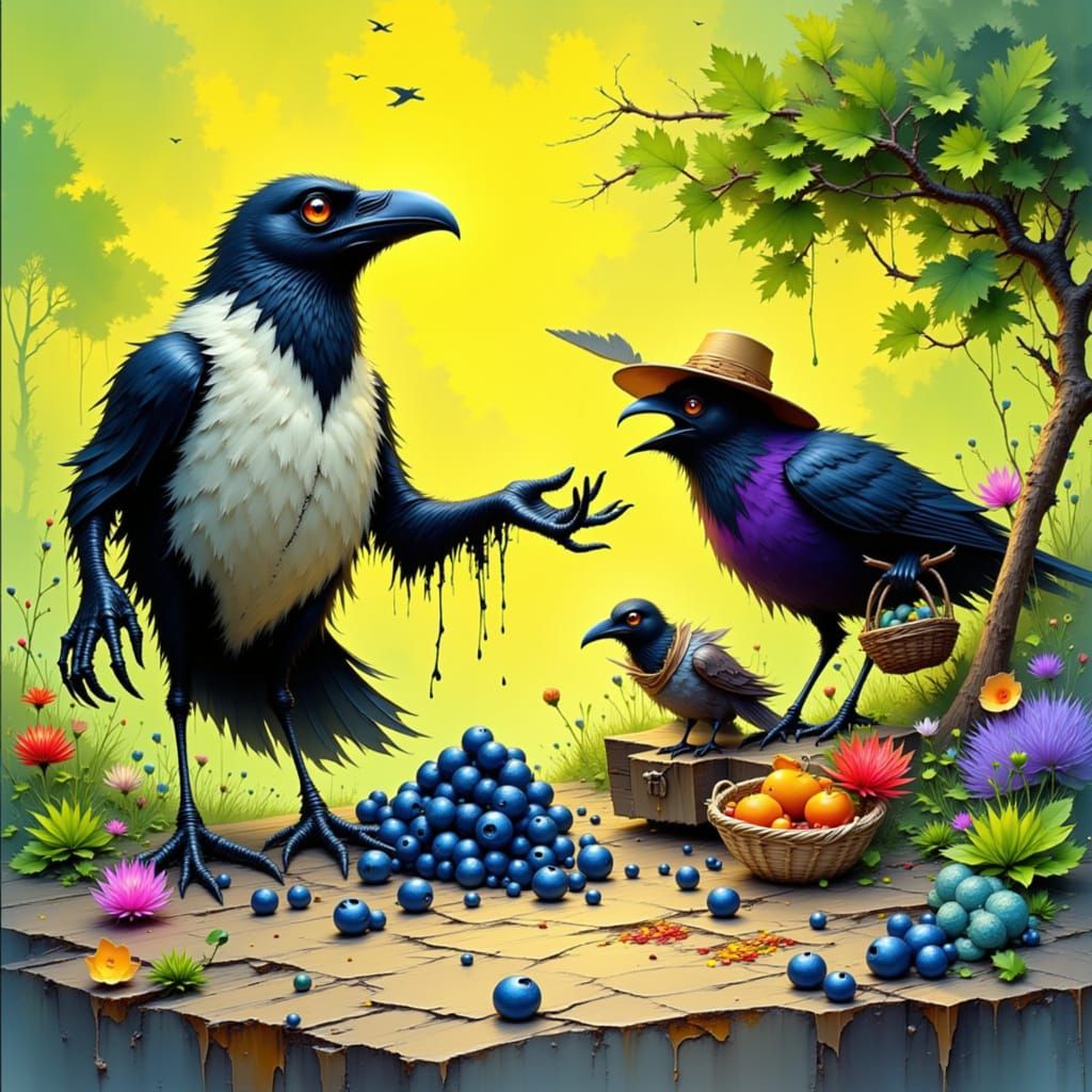 Animated Crows Bartering at Farmstand in Claymation Style