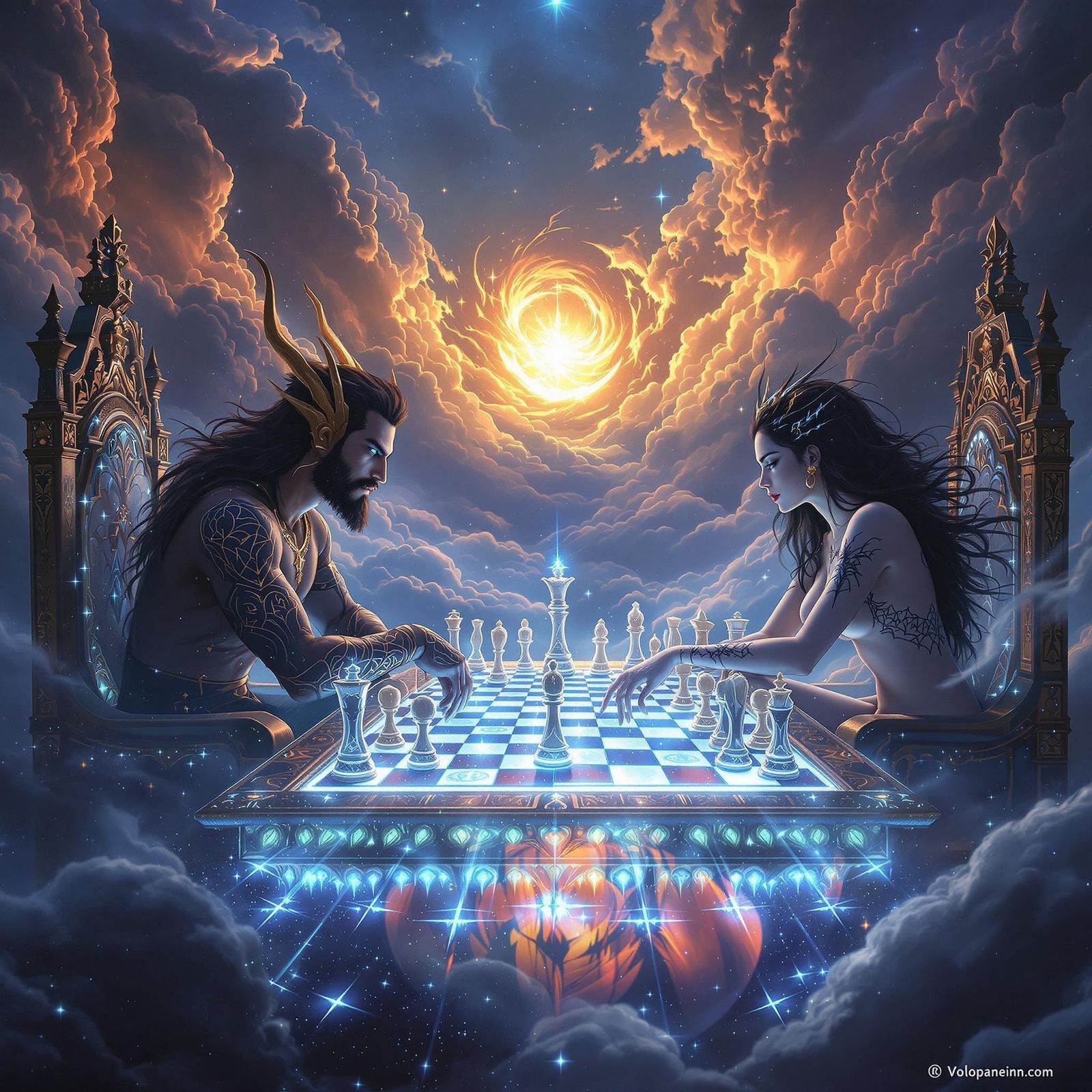 Divine Rivals Engage in Chess of Mortal Souls in a Celestial...