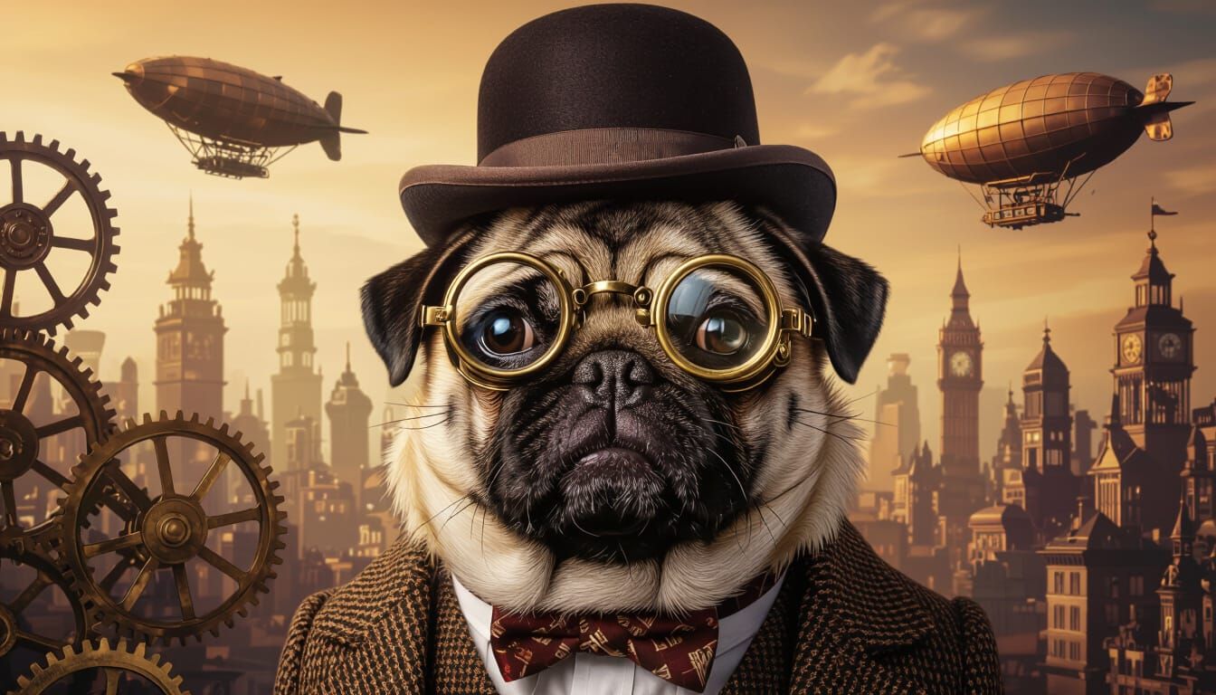 Steampunk Pug Portrait with Monocle and Bowler Hat