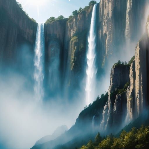 Waterfall Cascading Down Skyscraper as Oil Painting