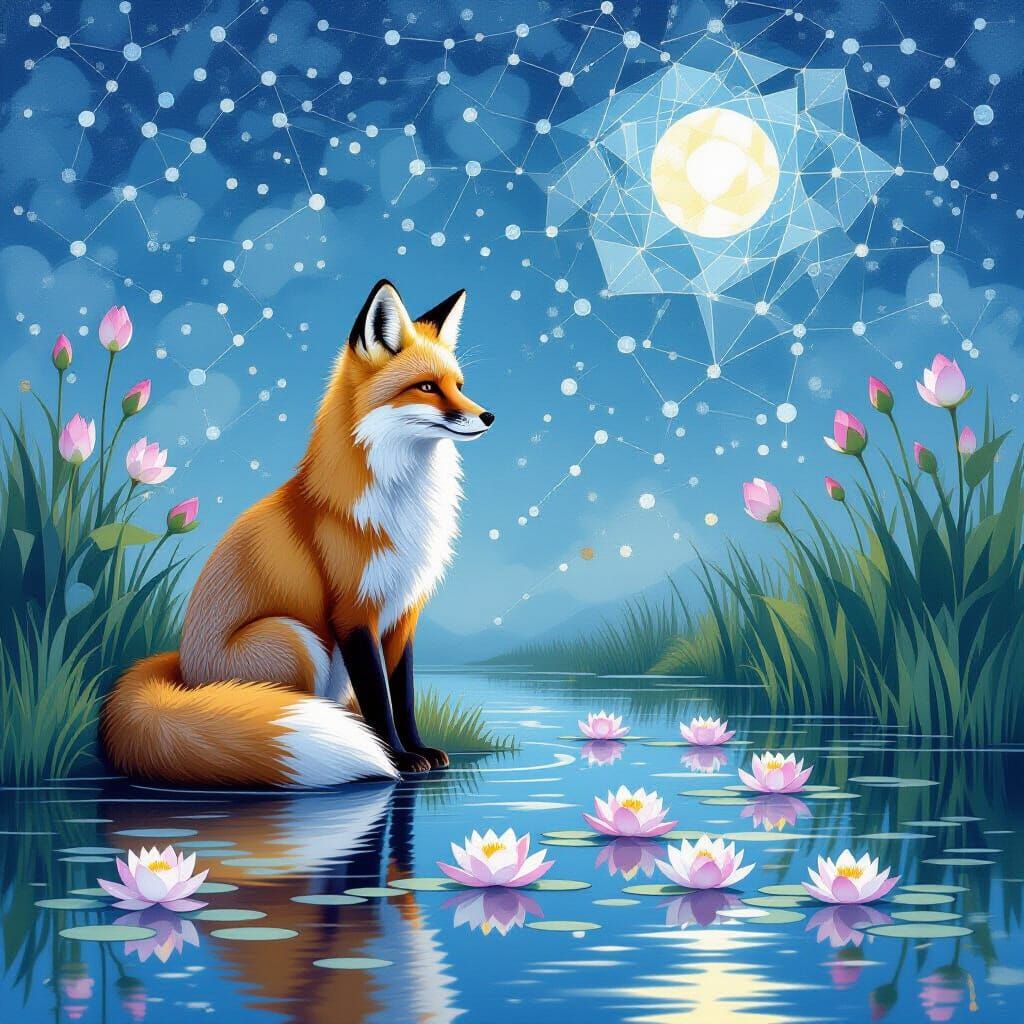 Ethereal Fox Contemplation in Pointillism Style