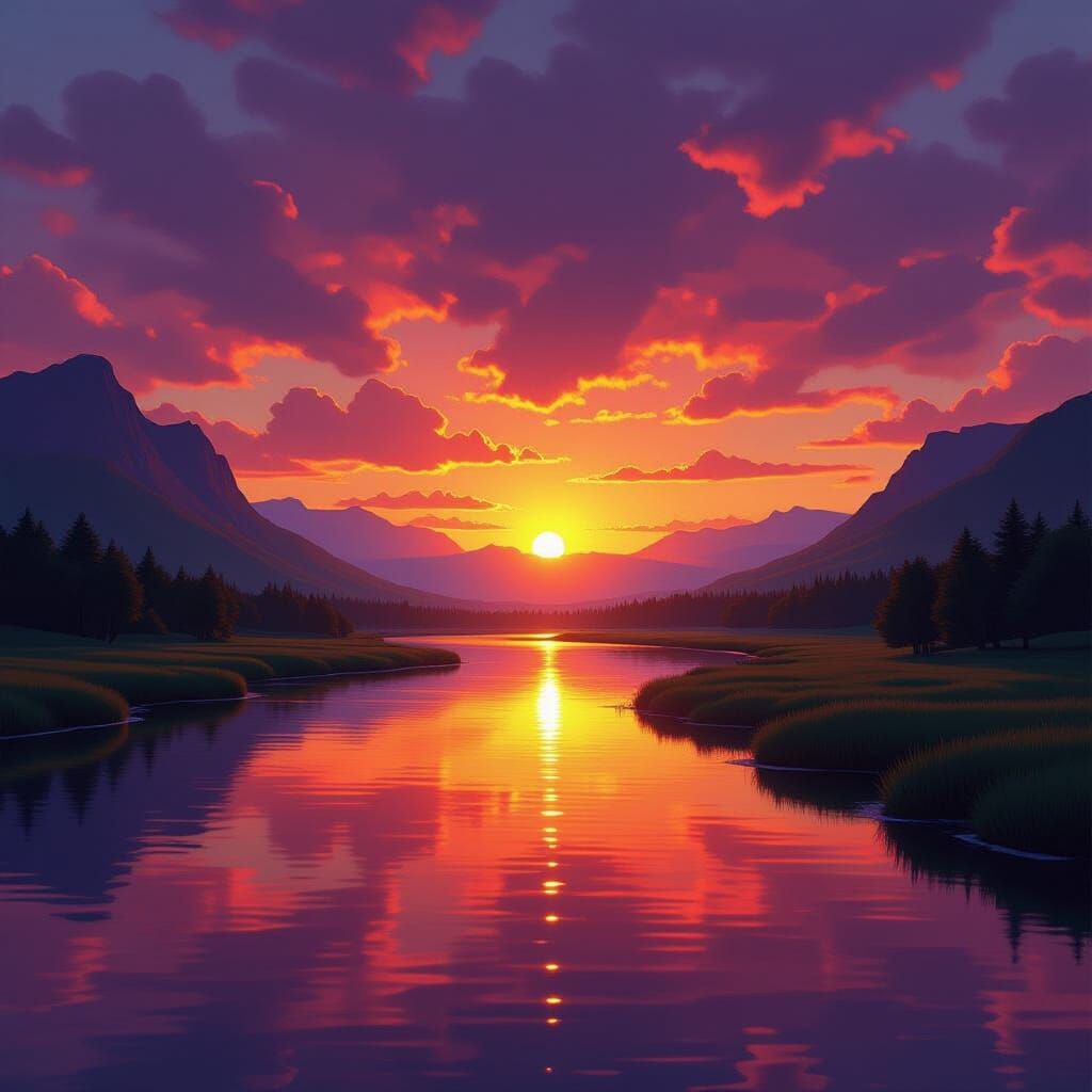 Vibrant Sunset Over Tranquil River Valley