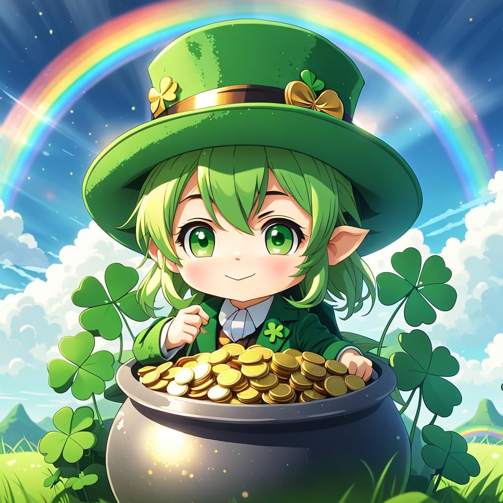 Chibi Leprechaun with Gold, Anime Style