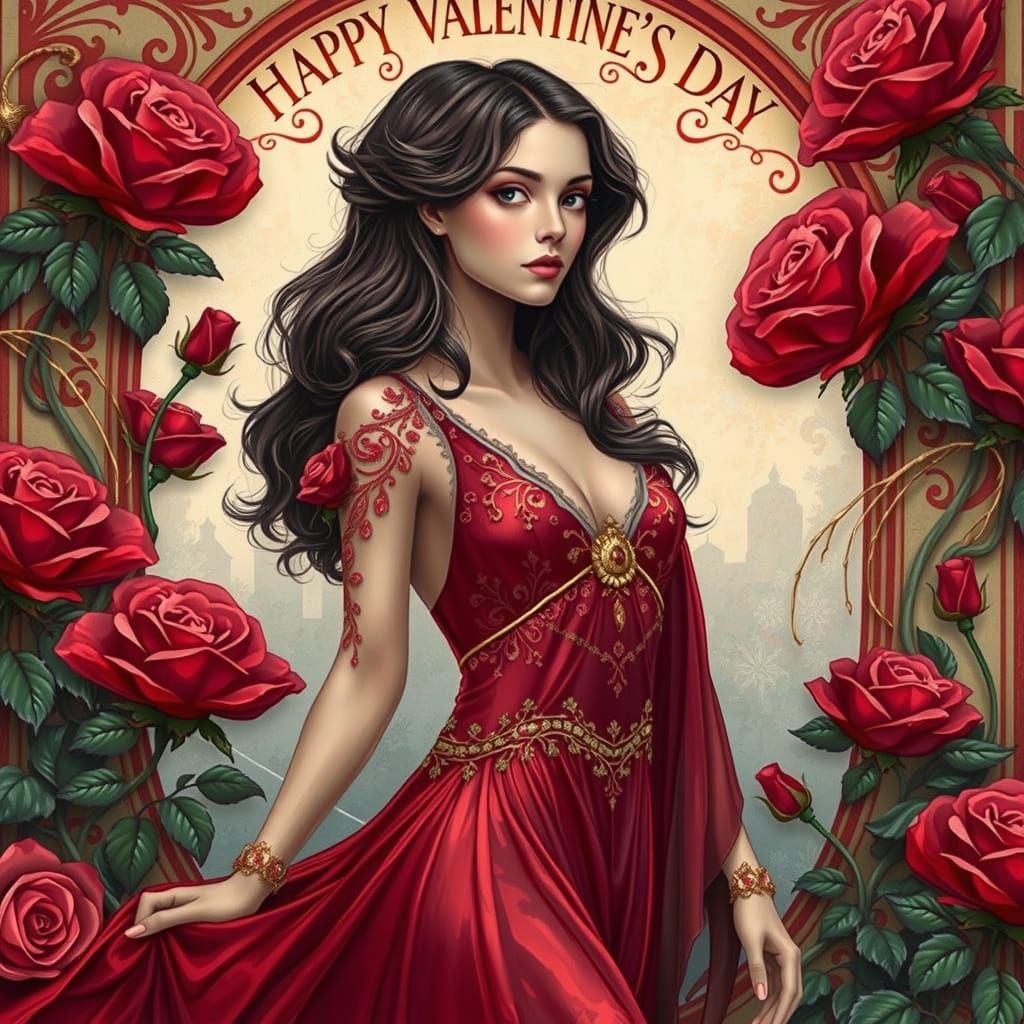Romantic Art Nouveau Valentine's Day Card in Vintage Style