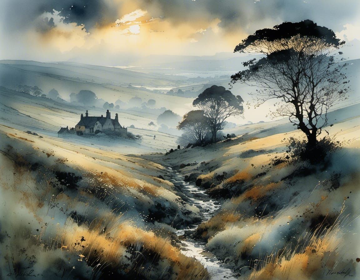 Misty Moor Landscape in Watercolor Style