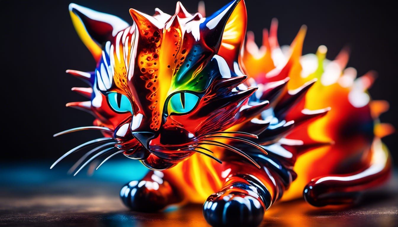 Colorful Glass Cat with Spikes: Hyperrealistic Art