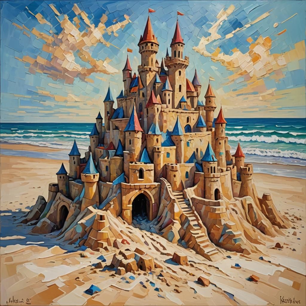 Complex Sandcastle as Expressionist Oil Painting