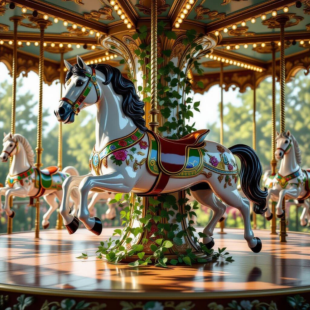 Hyperrealistic Carousel Horse Transformation: Wood to Vines
