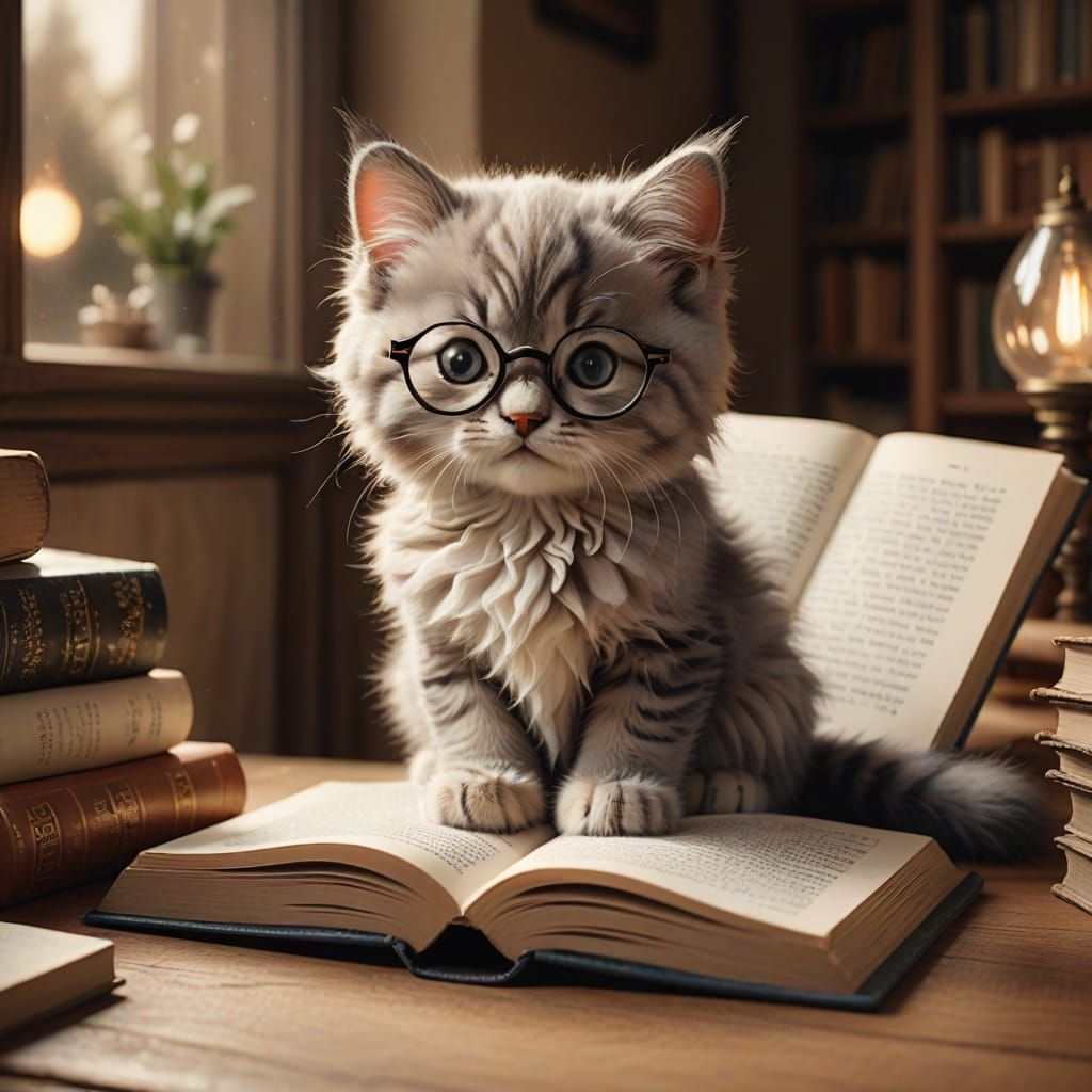 Fluffy Kitten in Glasses Reads Book, Cozy Storybook Art