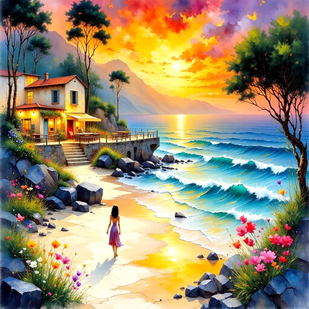 Mediterranean Sunset Beach with Boardwalk in Watercolors