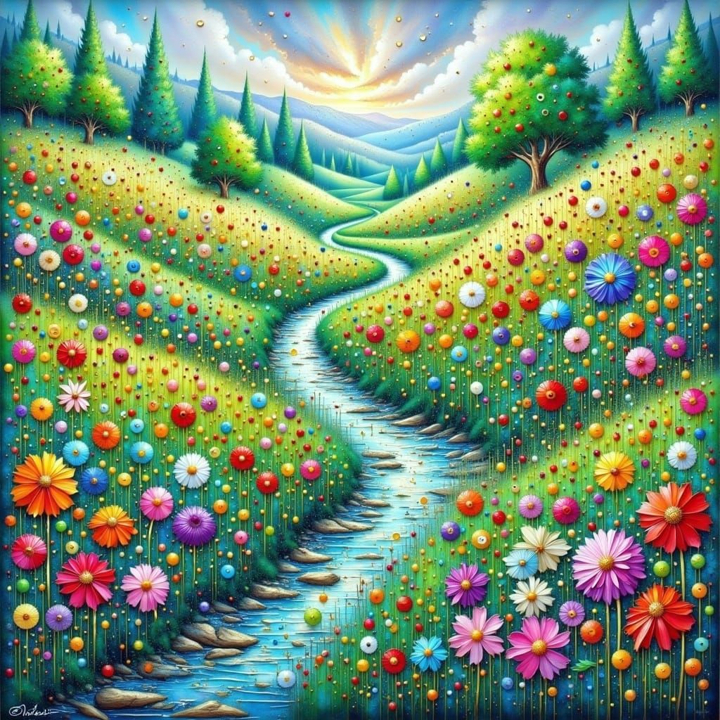Flower Fields with Stream in Impressionistic Style