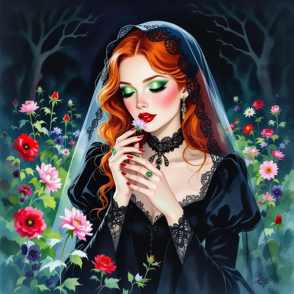 Gothic Woman in Poison Garden at Night Watercolor