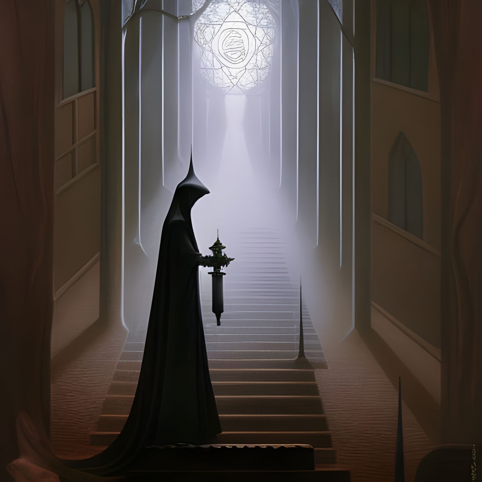 Mysterious Hooded Figure in Dark Corridor