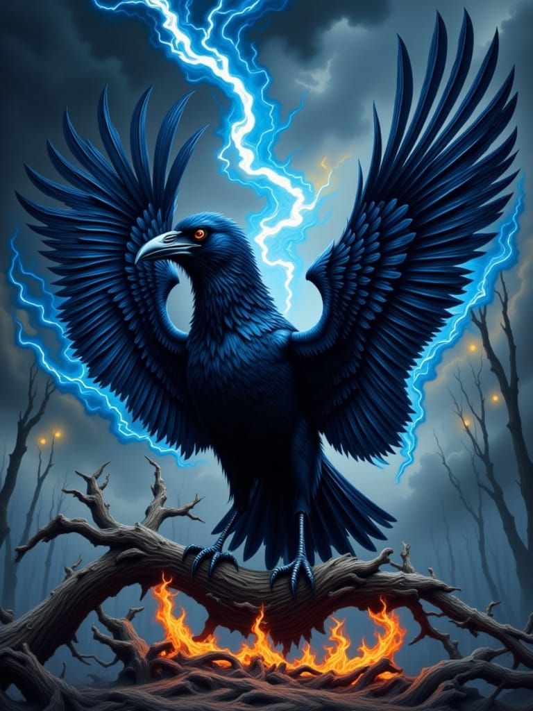 Majestic Raven Perched in Blue Flames