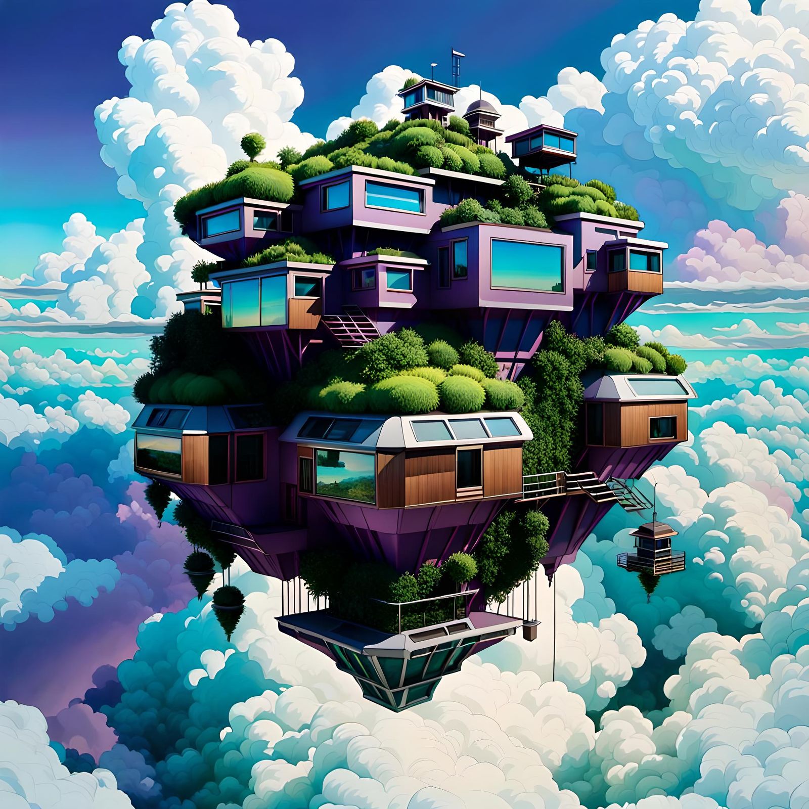 Cozycore Cybernetic Village Floating Island in the Sky