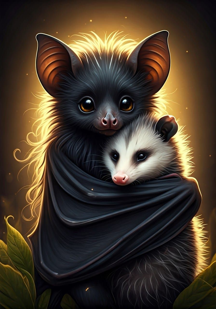 Endearing Bat and Opossum Embrace in Golden Light