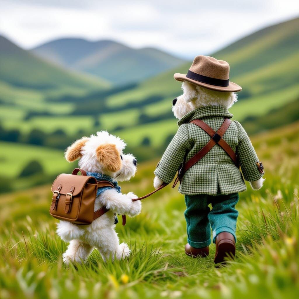 Stuffed Dog and Owner Walk Hills in Lake District, Storybook...