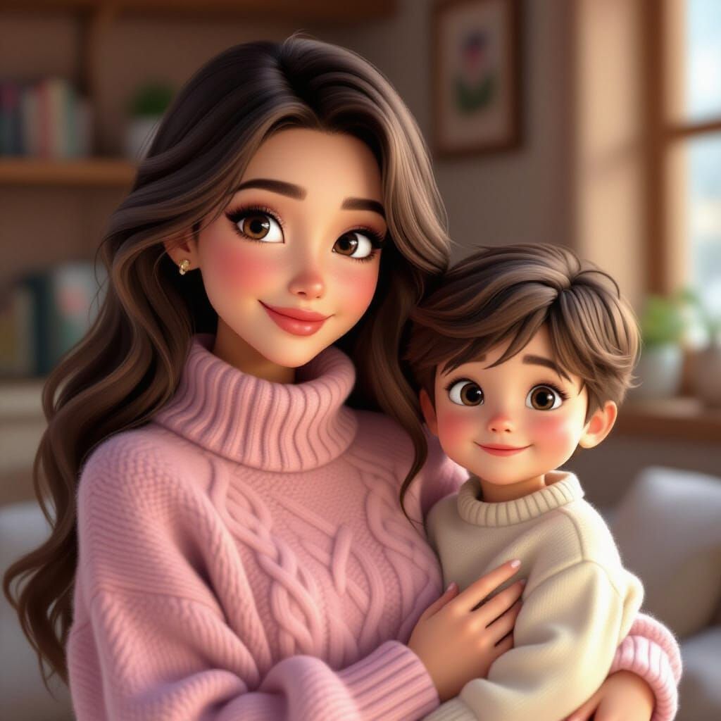 Realistic 3D Portrait of Mother and Son Playing Indoors