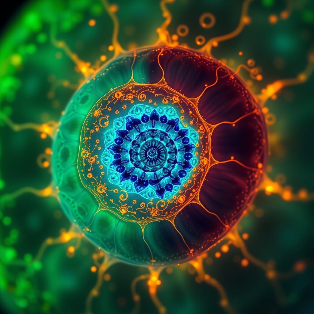 Bioluminescent Mitochondrion Mandala in Psychedelic Style